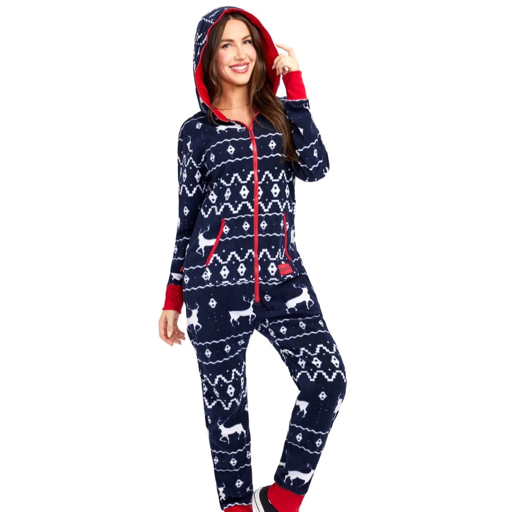 Tipsy Elves Navy and Red Hooded Onesie with Fair Aisle Pattern - Size L